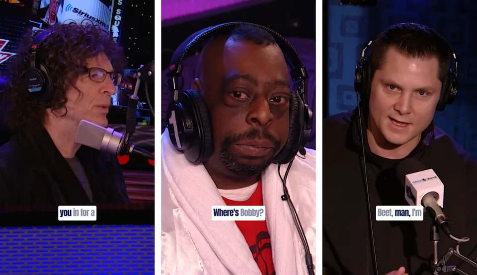 The three frames extracted from the reference podcast: the host, Beetlejuice in the guest seat, and the co-host