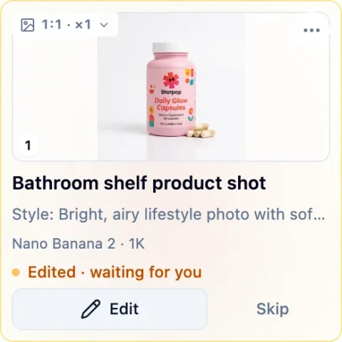 A square image draft in chat marked Edited · waiting for you, with Edit and Skip buttons