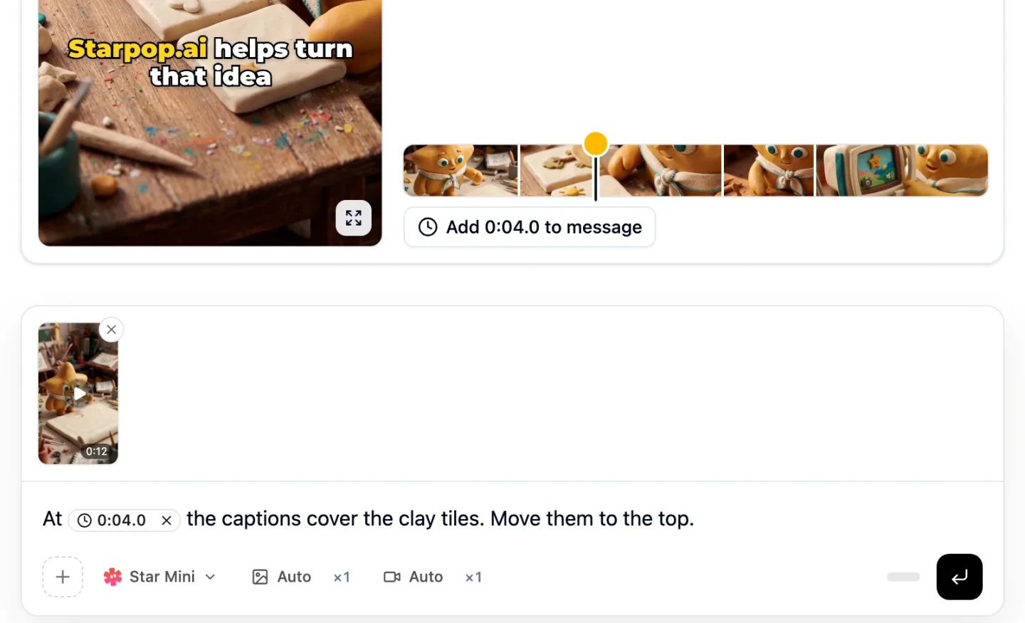 The filmstrip pinned at 0:04.0 and a message that reads “At 0:04.0 the captions cover the clay tiles. Move them to the top.” with the edit attached.