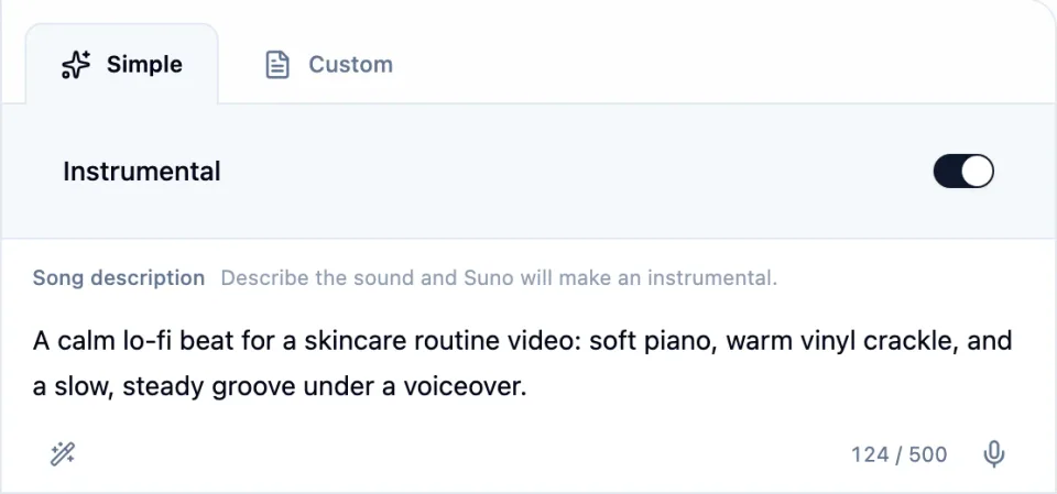 Simple mode in the Starpop Music composer with Instrumental turned on and a song description for a calm lo-fi beat under a skincare video