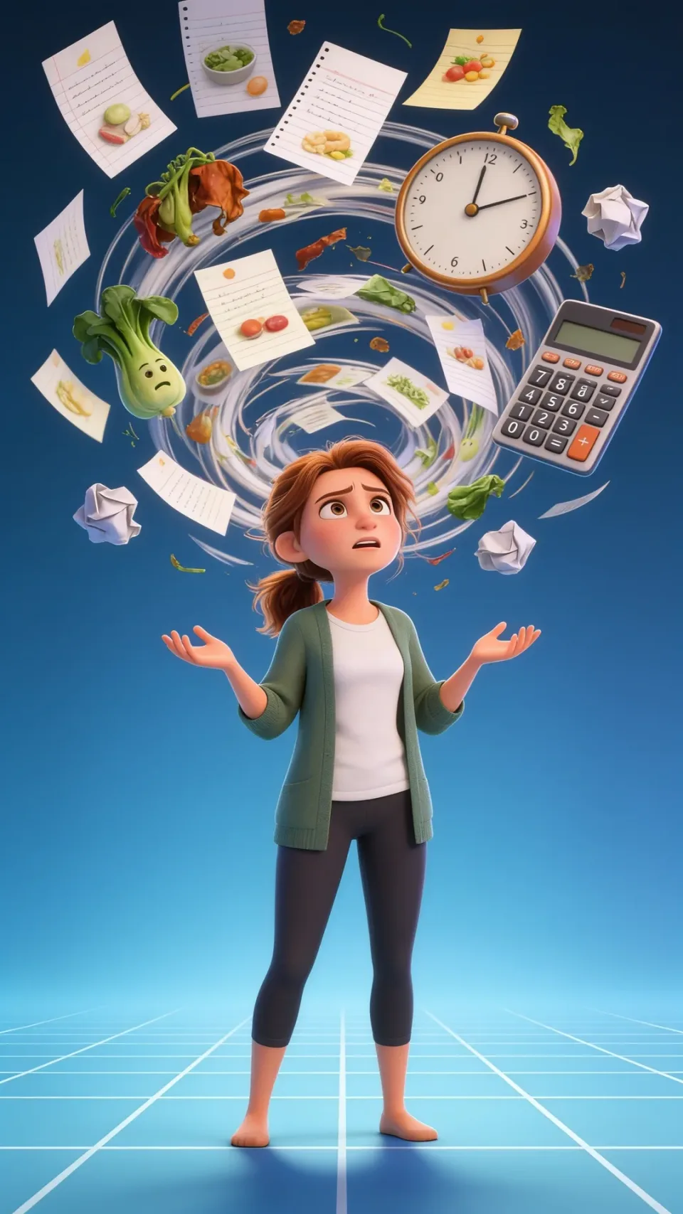 A reference-guided Seedream 4.5 image from Starpop’s animated-ad workflow: a character beneath a spiral of recipe cards, a clock, and a calculator.
