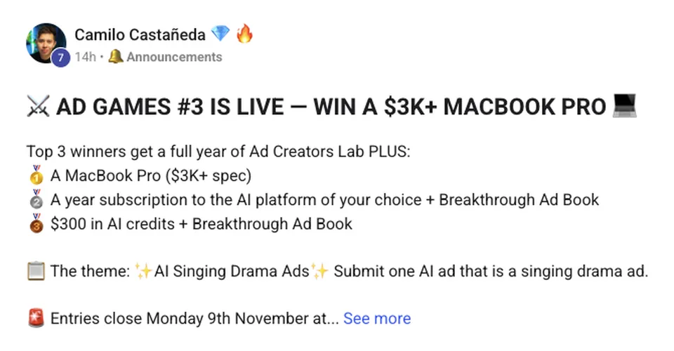 Camilo’s Ad Games #3 post: win a MacBook Pro, the three prizes, the theme is AI singing drama ads, entries close Monday 9th November