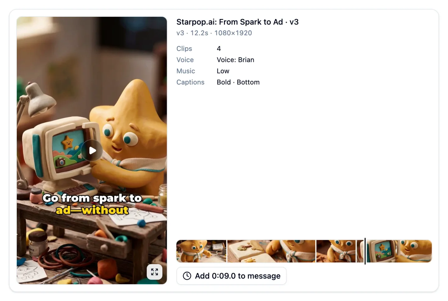 A rendered edit in chat: the video beside its details (4 clips, Voice: Brian, Music Low, Captions Bold · Bottom) and a filmstrip of its shots.