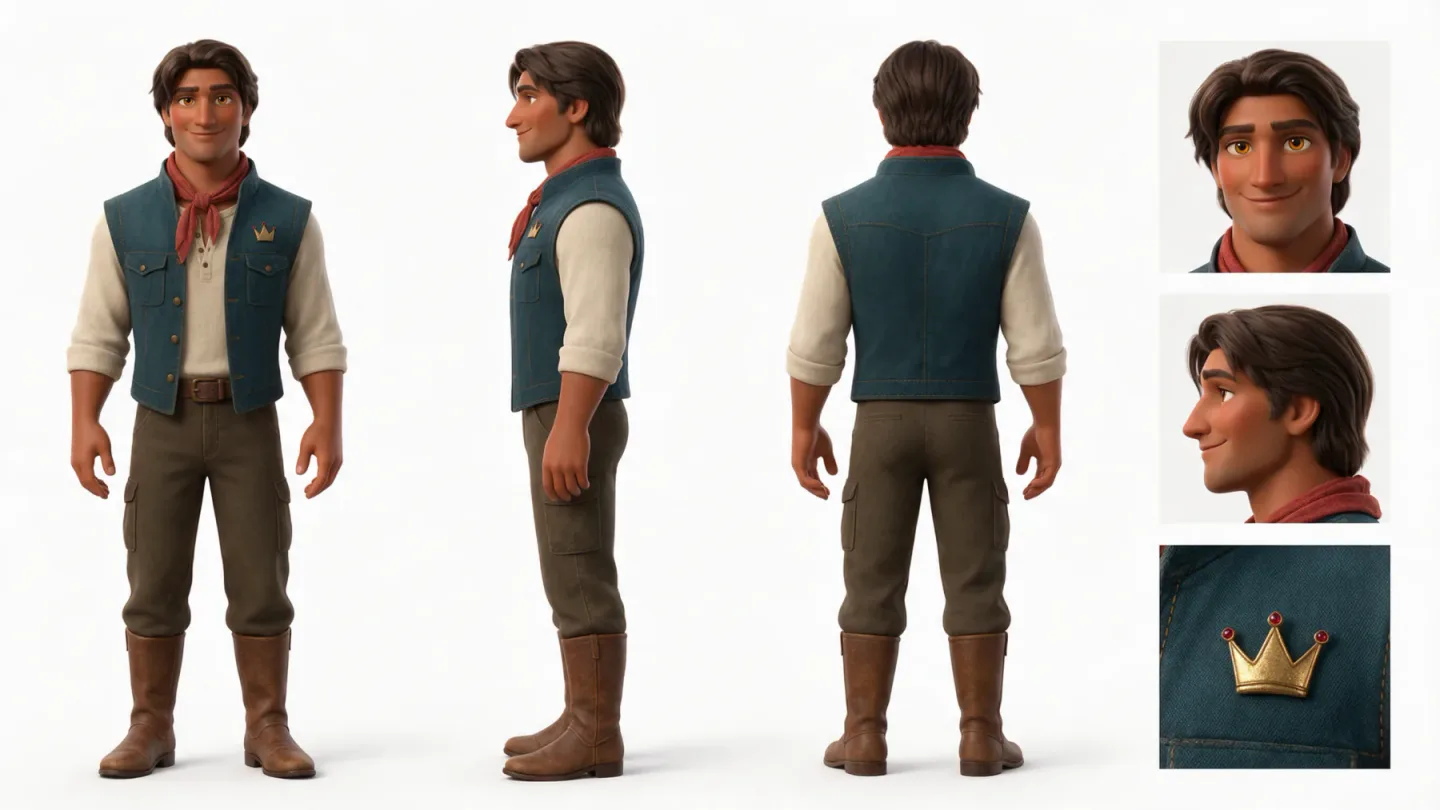 Character sheet of the prince from the real ad: three full body views and three close-ups on white