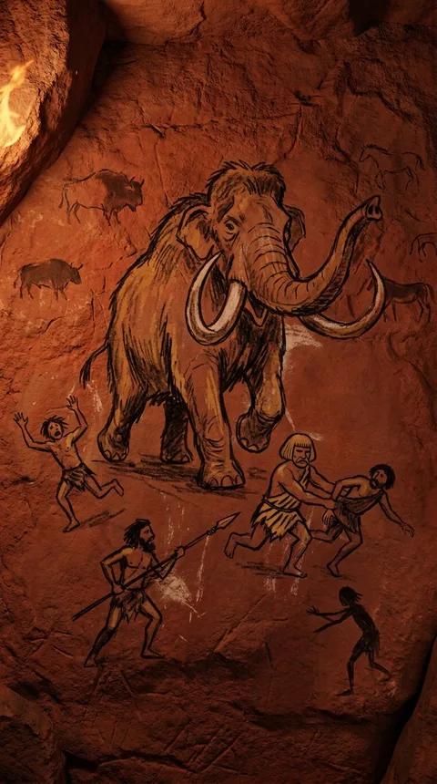 A red rock cave drawing of hunters struggling with a mammoth