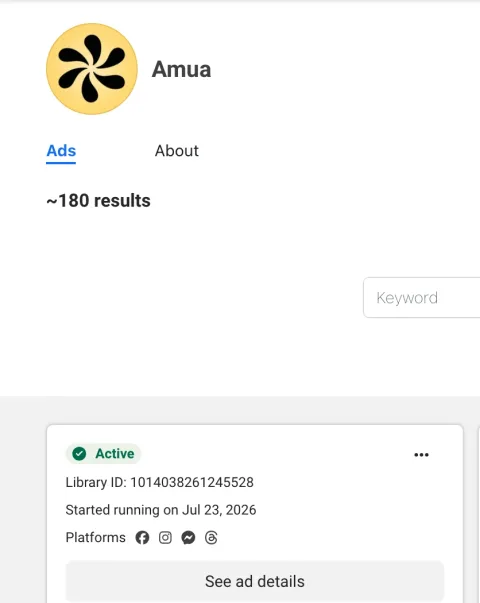 AMUA in the public Meta Ad Library on October 9, 2026, active ads only: about 180 results