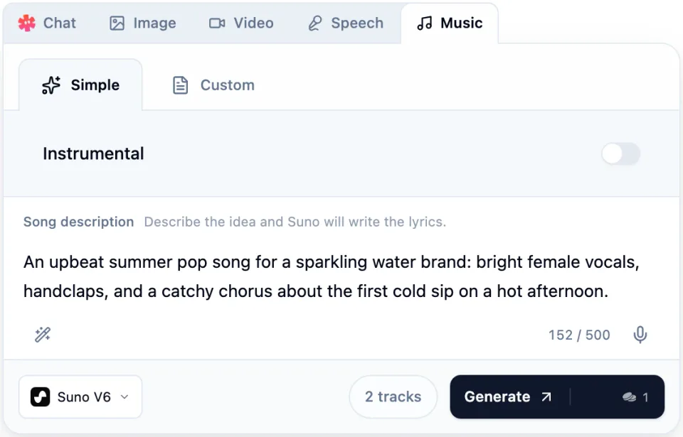 The Starpop Music composer with Suno V6 in Simple mode, a song description for a sparkling water brand, 2 tracks, and a 1-credit Generate button