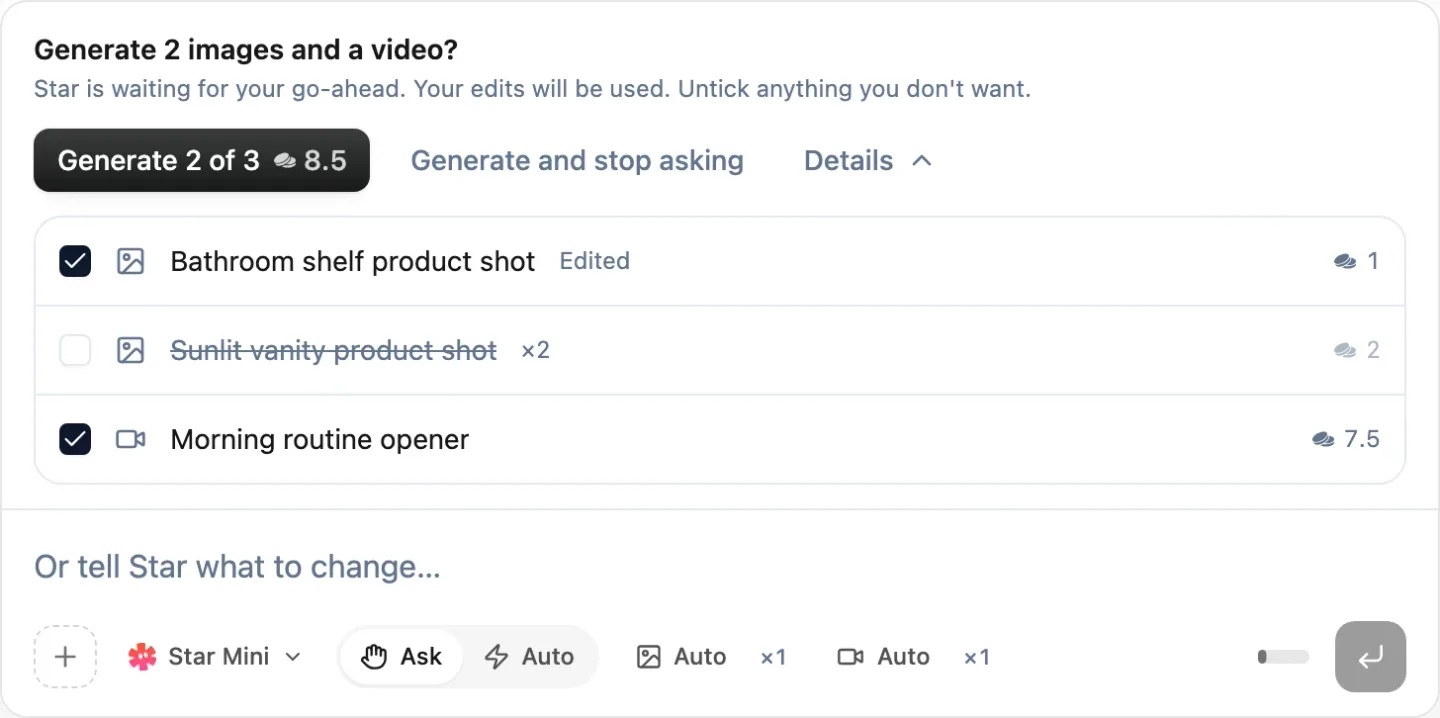 Star’s question “Generate 2 images and a video?” on the composer, with one draft marked Edited, one unticked, and a Generate 2 of 3 button for 8.5 credits