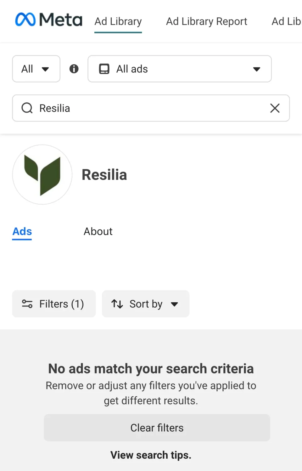 The public Meta Ad Library page for Resilia, set to show only active ads, on October 9, 2026 at 12:40 Swiss time