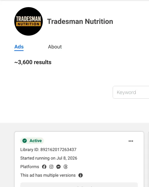 Tradesman Nutrition in the public Meta Ad Library on October 9, 2026, active ads only: about 3,600 results