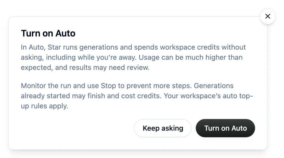The Turn on Auto confirmation explaining that Star spends workspace credits without asking, with Keep asking and Turn on Auto buttons