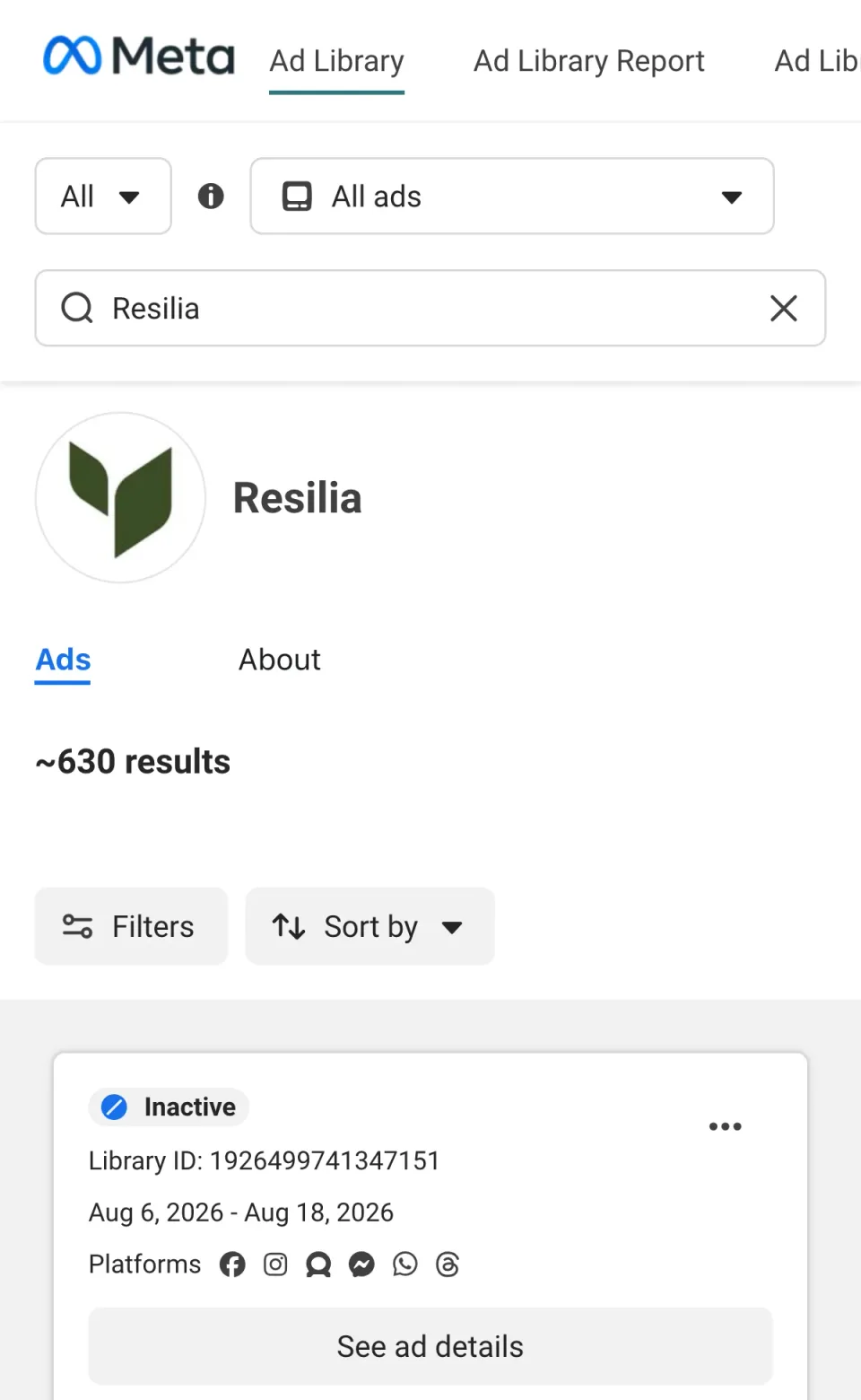 The Resilia page in the Meta Ad Library, set to show all ads, on October 9, 2026