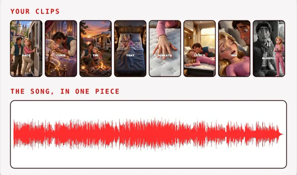The edit in one picture: the song in one piece at the bottom, the clips laid on top
