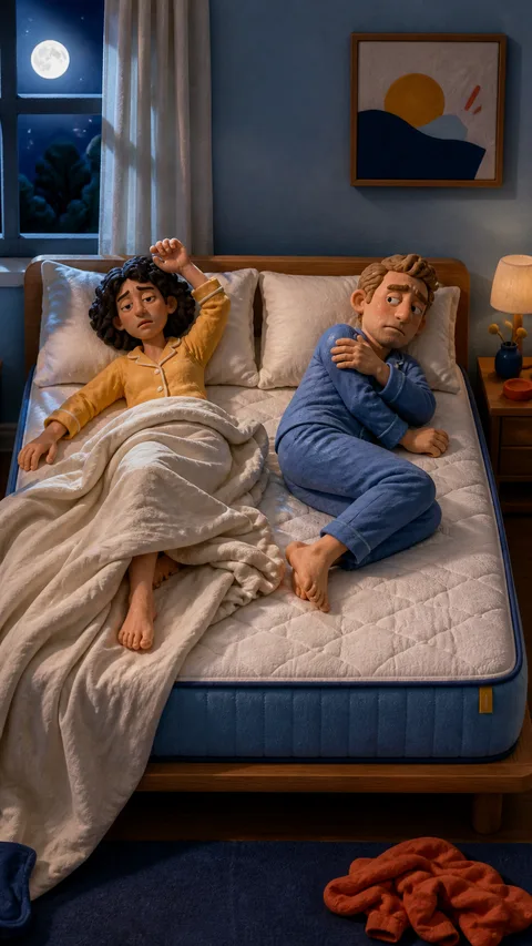 Clay couple lying awake with different comfort problems on the same mattress
