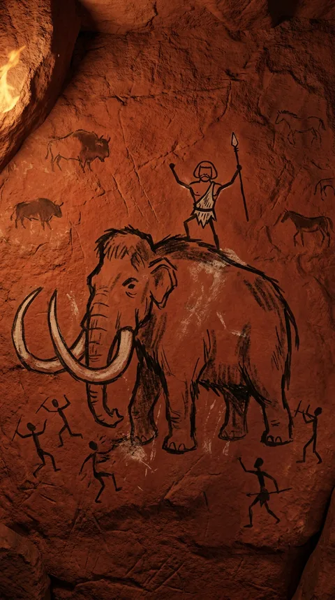 A red rock cave drawing of Grog standing on the mammoth