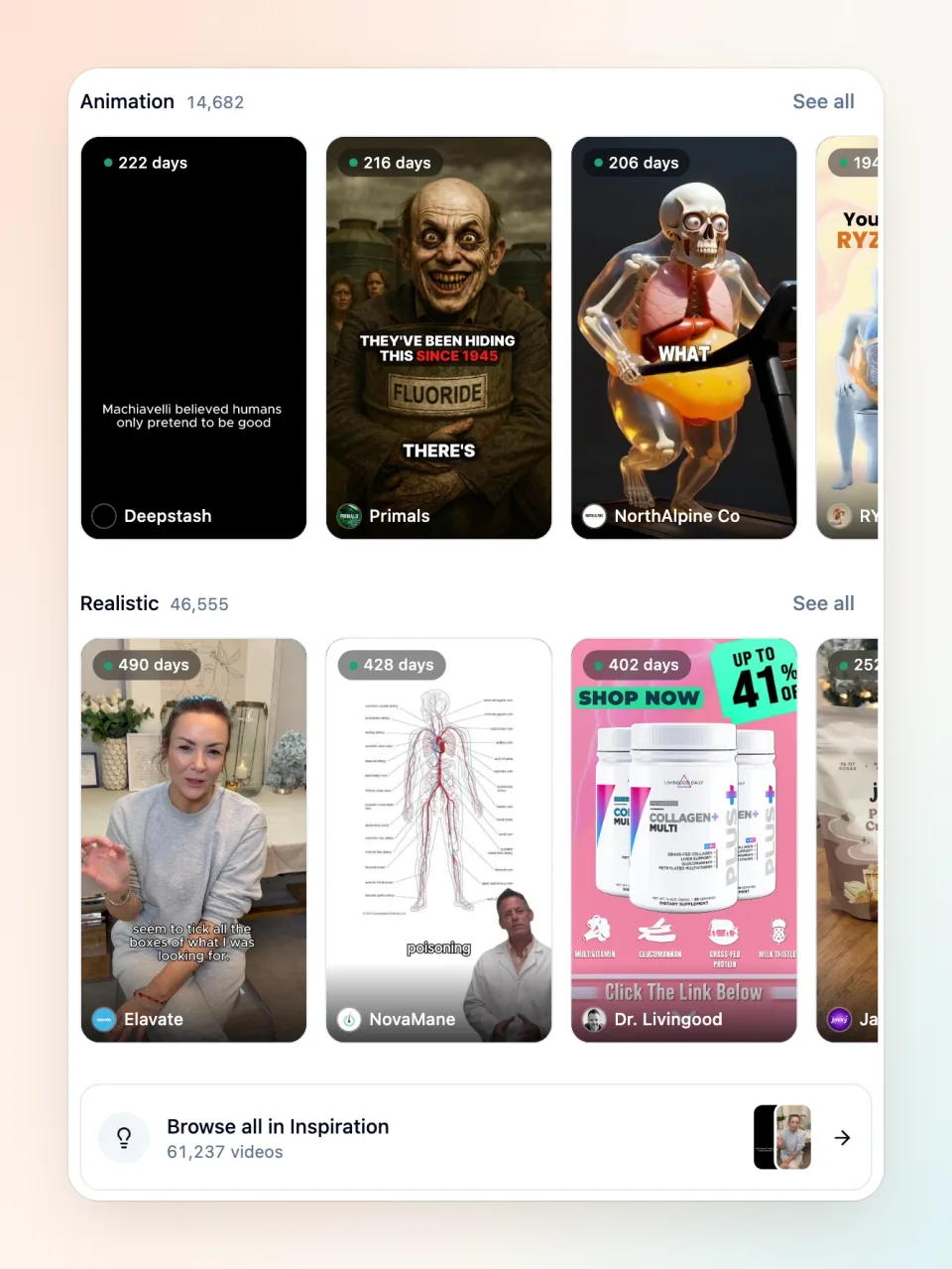 The Animation and Realistic rows on a project’s home page, each showing long-running ads with their run length and a See all link.