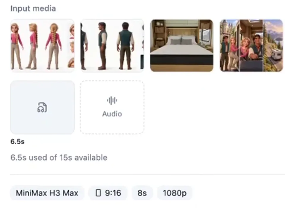 The input row of a staged generation in Starpop, from the video: the two character sheets, an RV bedroom and a storyboard canvas as images 1 to 4, a 6.5 second slice of the song, MiniMax H3 Max