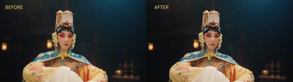 The same enhancement on a generated Peking opera performer, with sharper headdress beads, embroidery, and armor scales against the dark stage. This is a still from the developer’s video comparison.