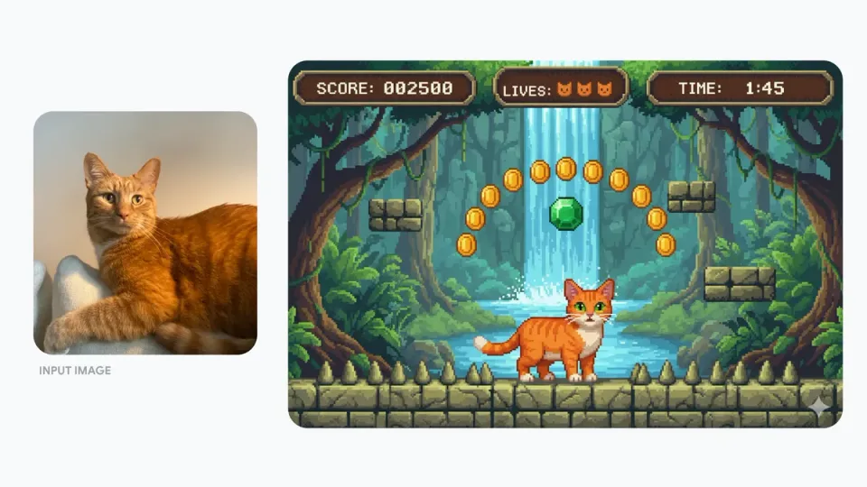 Google’s before-and-after example turns a cat photo into a pixel-art character and game scene.