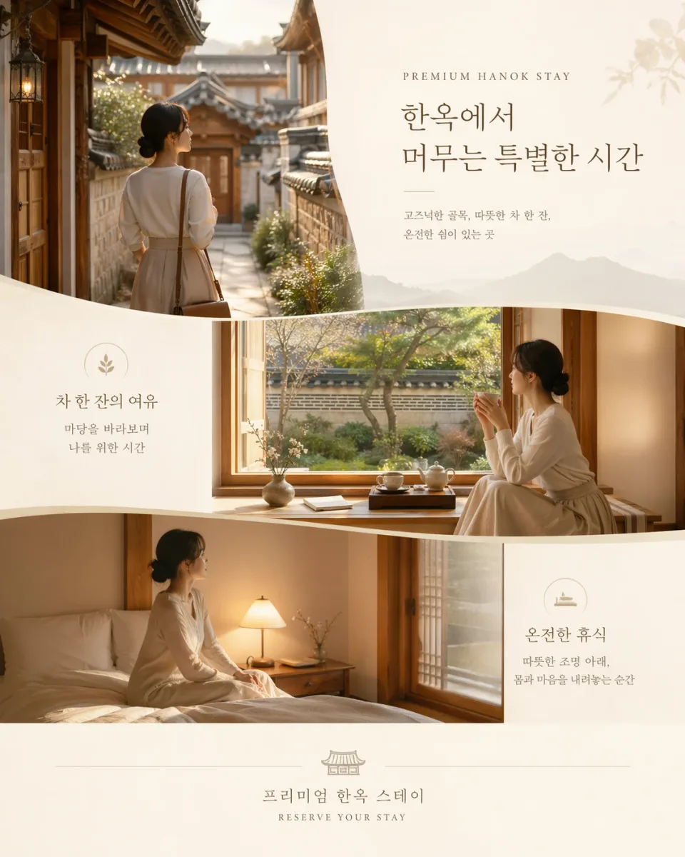 A generated hanok-stay advertisement combines Korean typography, editorial layout, and coordinated interior and courtyard scenes.