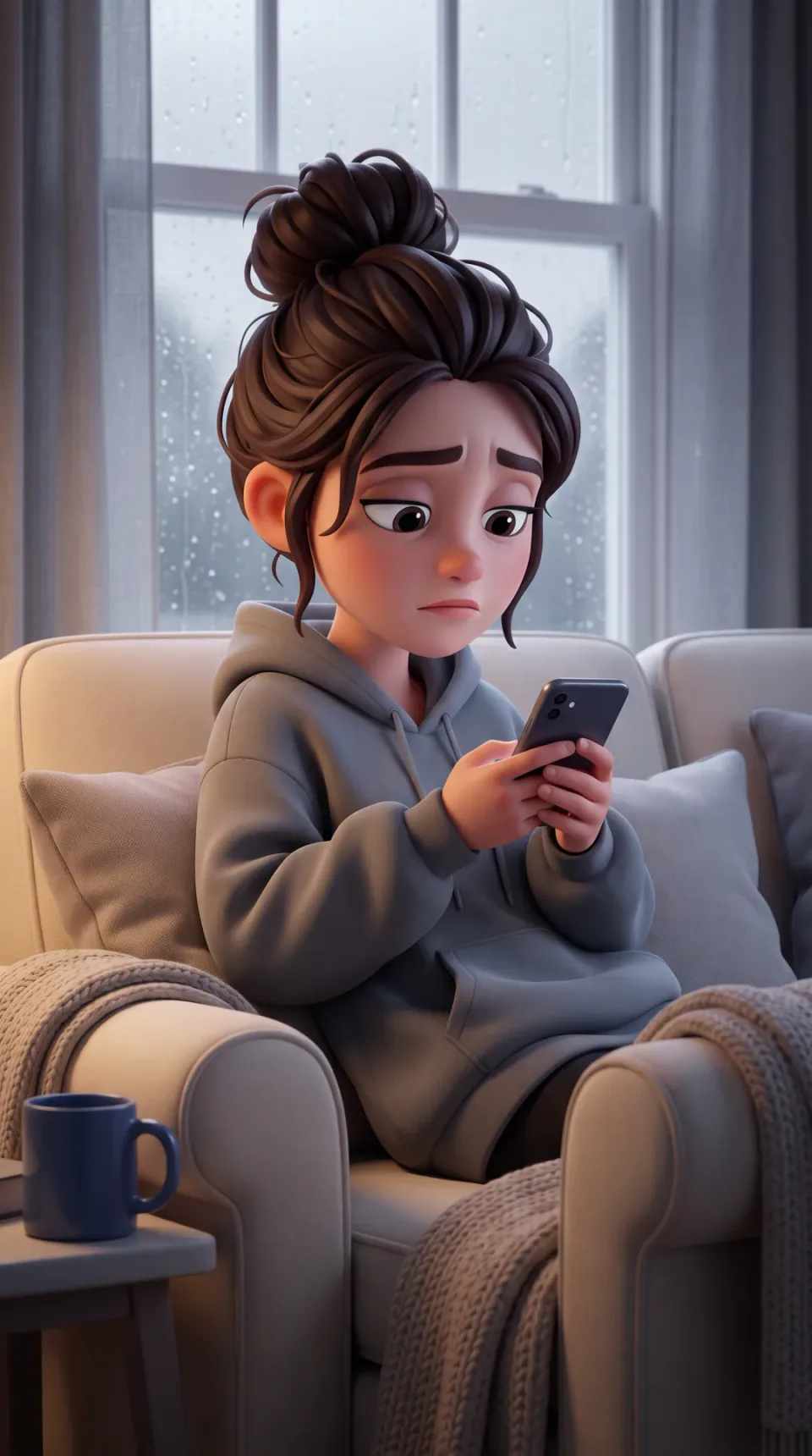 Made for this post: the same three blocks with a scene that asks for grey light, a tired woman on a couch by a rainy window, in Disney/Pixar style 3D