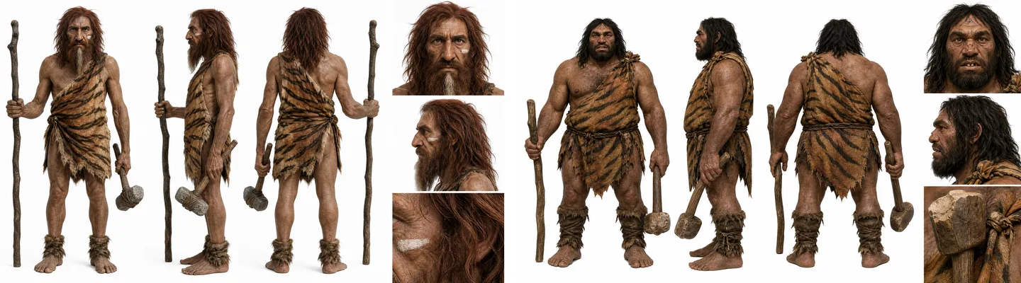 The first two caveman character sheets from GPT Image 2: a wild long-haired caveman and a broad dark-haired caveman