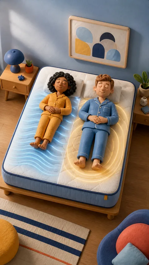 Clay couple resting on a mattress with cooling and pressure-relief zones