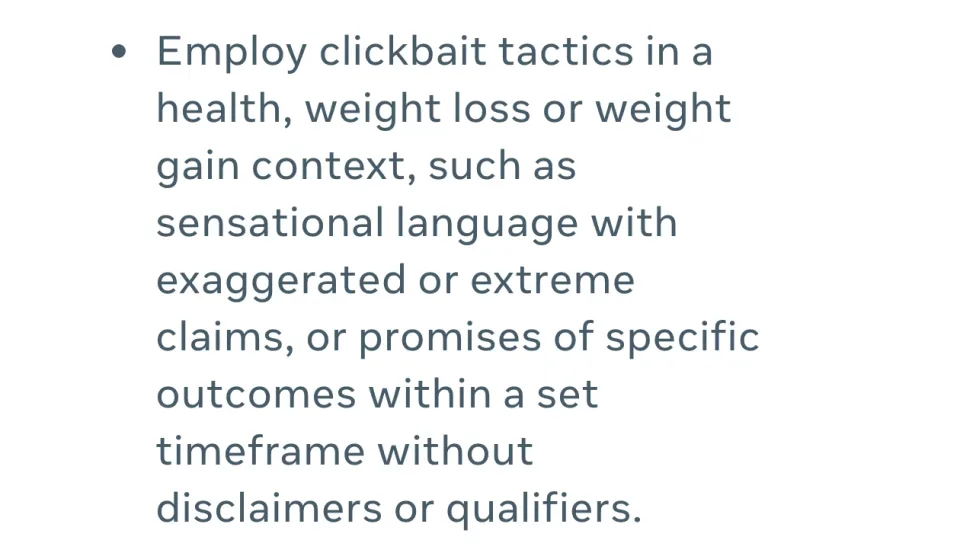 From Meta's Health and Wellness advertising policy in its Business Help Center, as it read on October 9, 2026