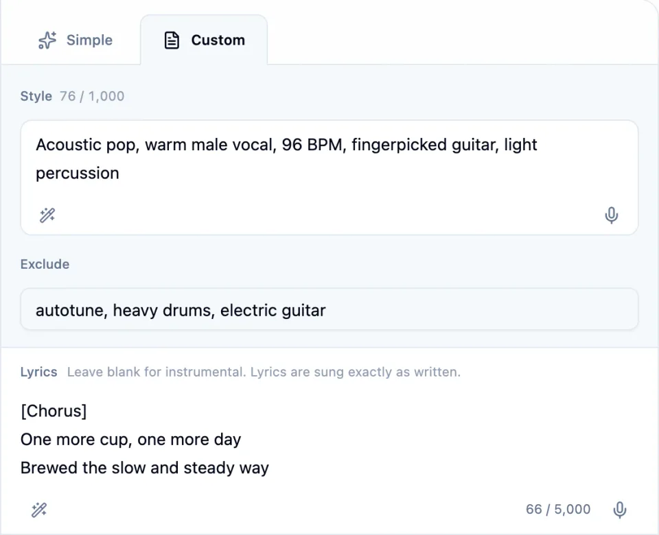 Custom mode in the Starpop Music composer with an acoustic pop Style, an Exclude field listing autotune, heavy drums, and electric guitar, and short chorus lyrics