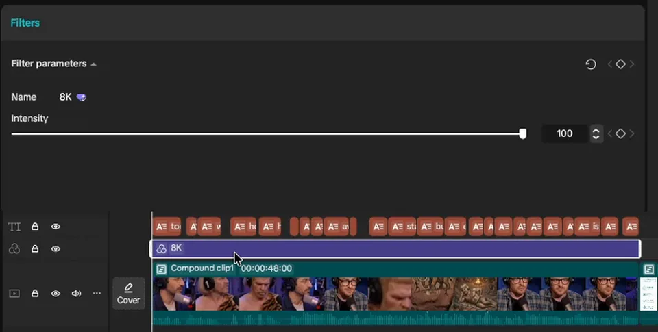 CapCut’s filter panel: the 8K filter at intensity 100, on its own track over the whole ad