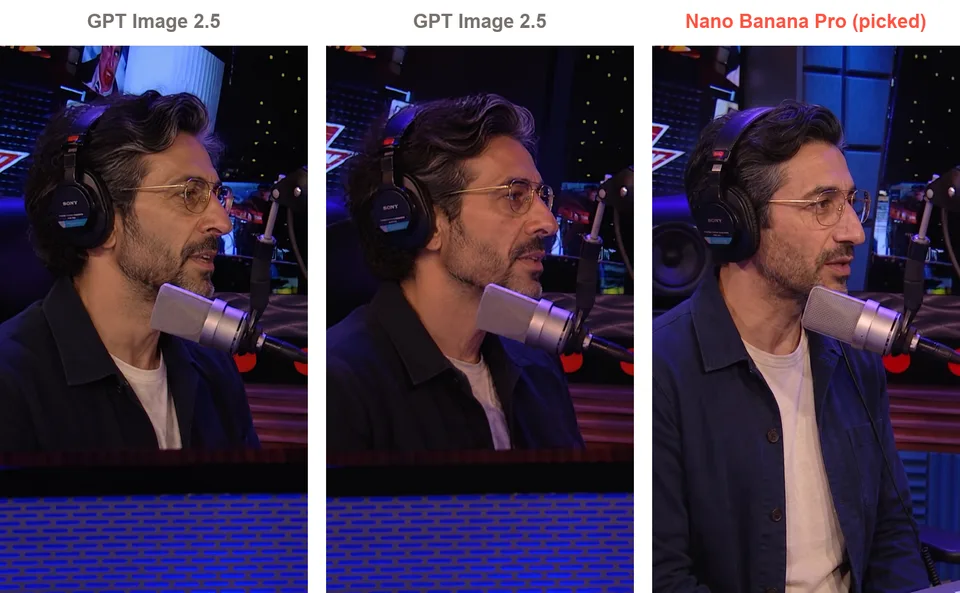 The host start frame from two models: two GPT Image 2.5 versions and the Nano Banana Pro version I picked