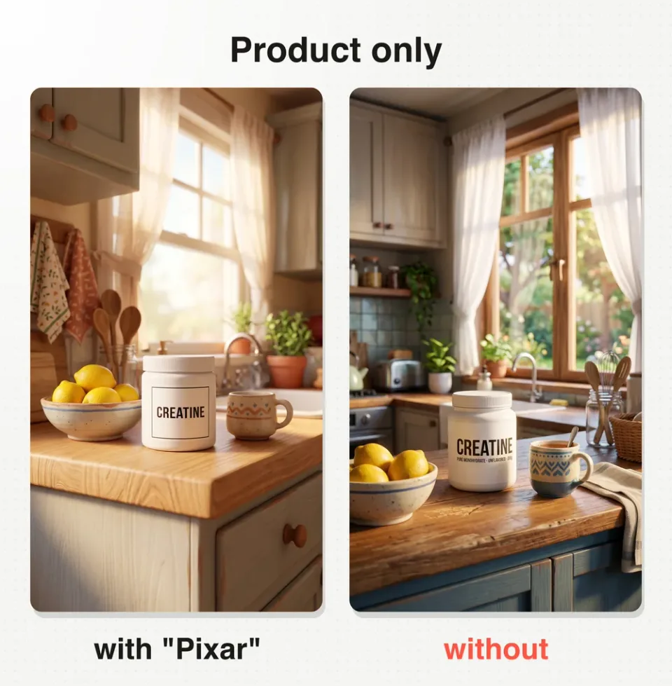 The same product prompt with and without the word Pixar: without it, the frame drifts further toward a photoreal render