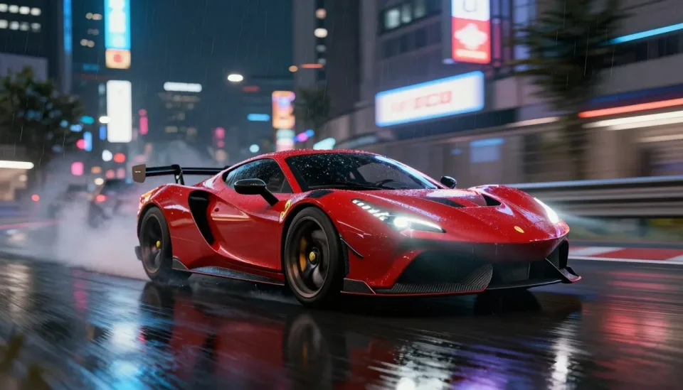 A generated car scene from Pruna’s P-Image gallery, showing reflections, motion blur, and lighting.