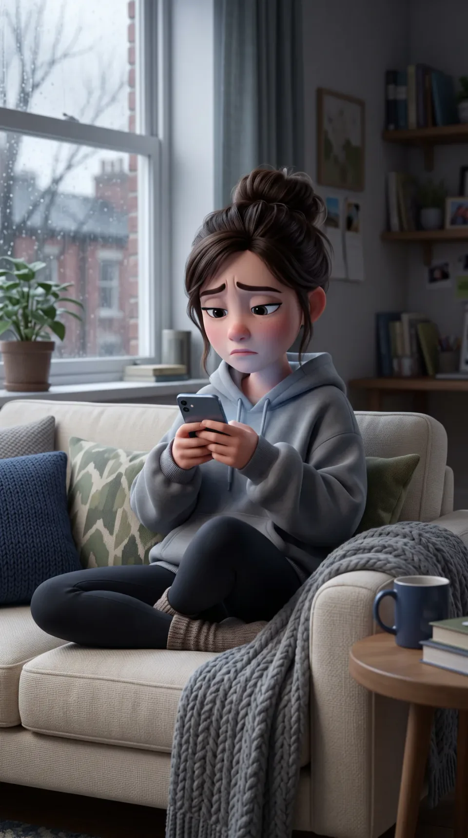 Made for this post: the same couch scene, another take, with inner brows pushed up and the mouth a flat tired line