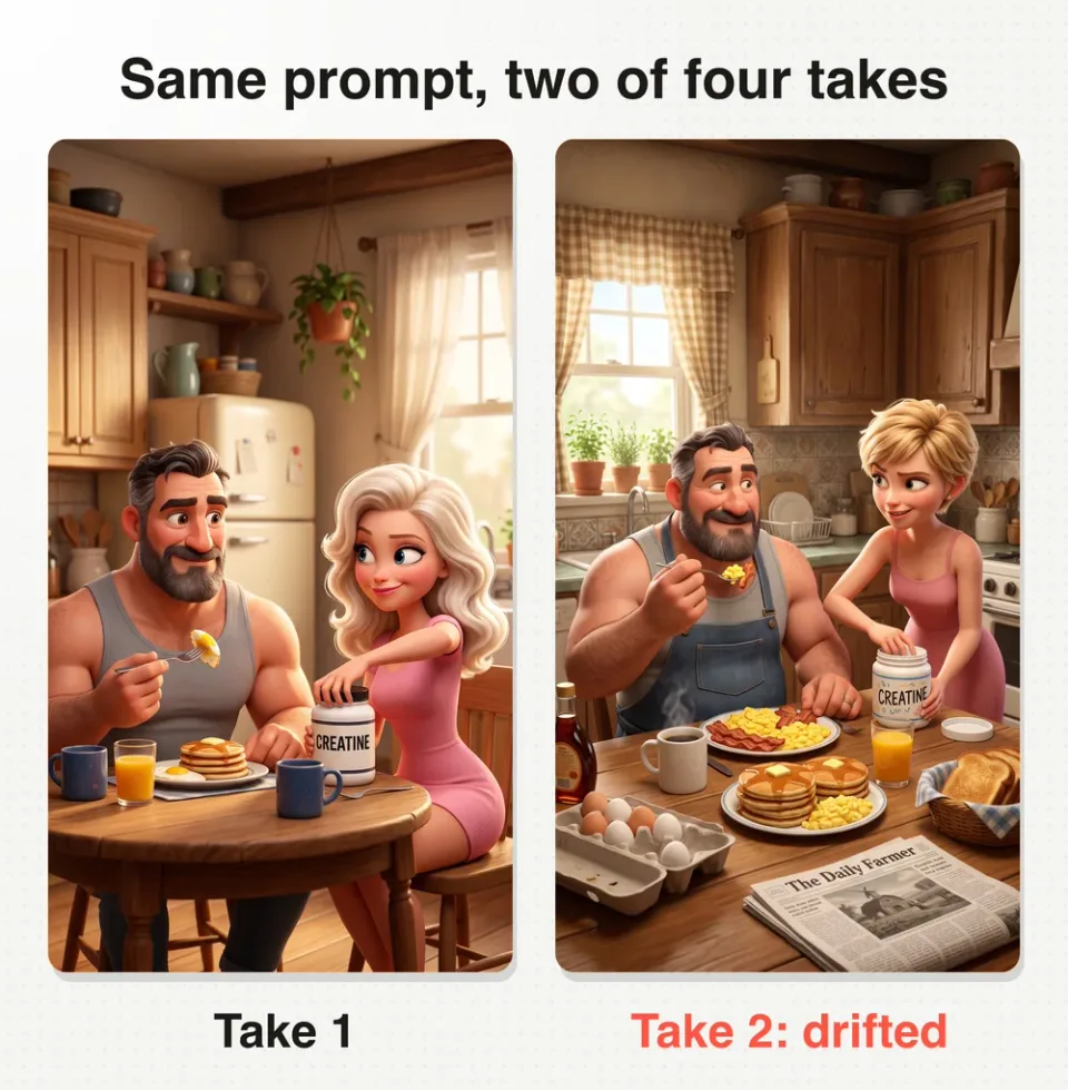 One Disney/Pixar style prompt, two of its four takes: take 1 follows the scene, take 2 drifted to short hair, overalls and a newspaper