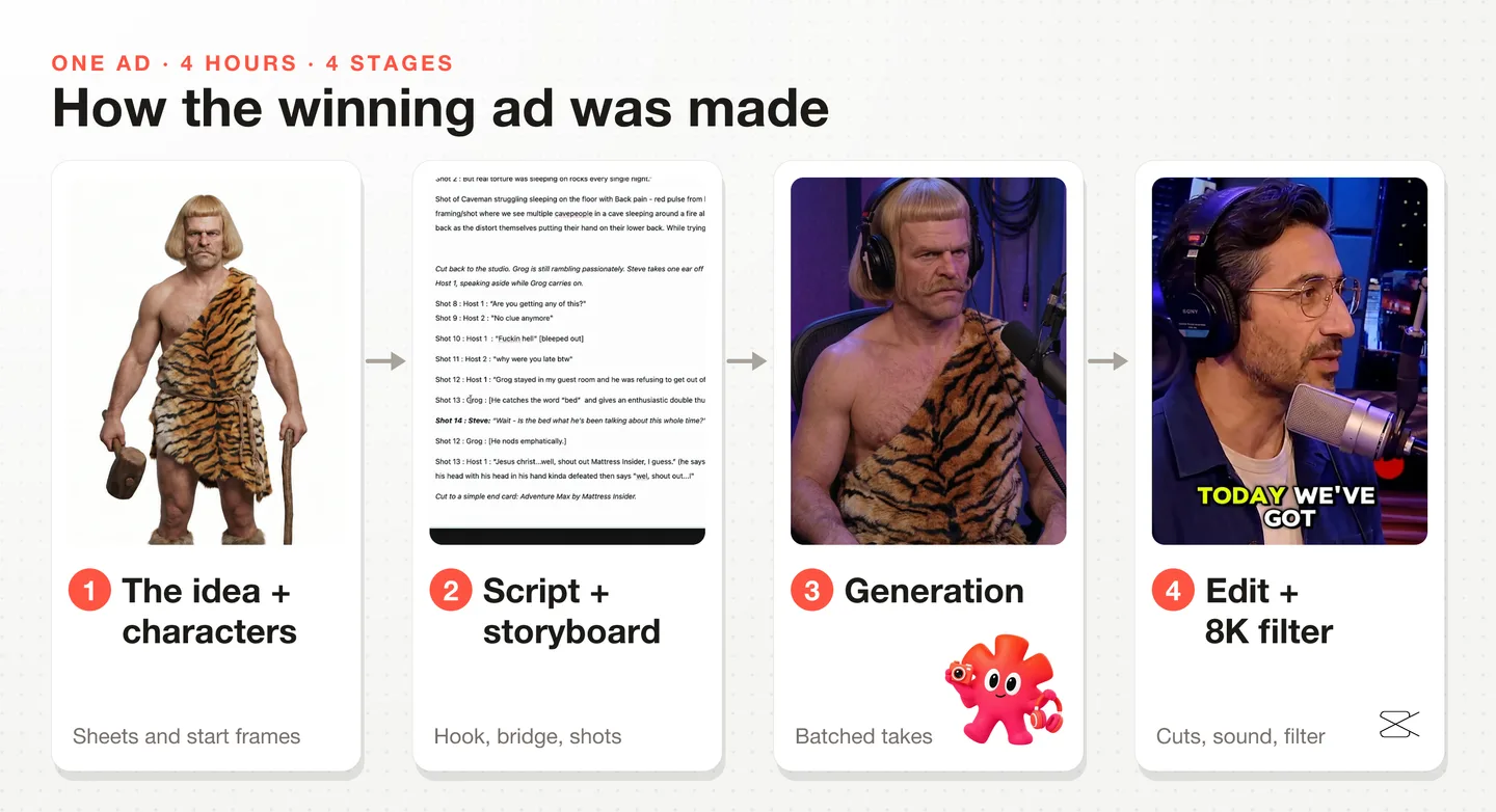 The four stages of the winning ad: the idea and the characters, the script and the storyboard, the generations, the edit and the 8K filter