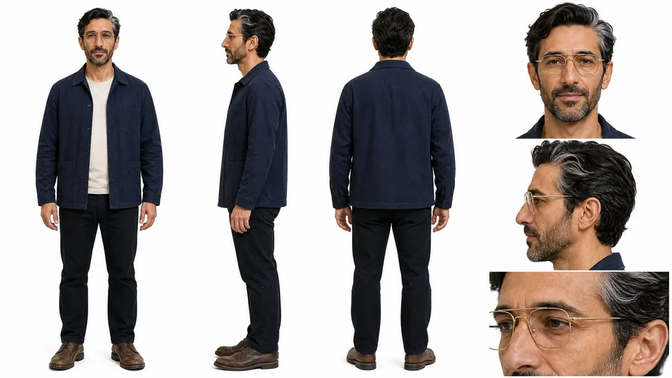 The character sheet for Host 1: navy jacket, wire glasses, dark wavy hair, front, side and back views