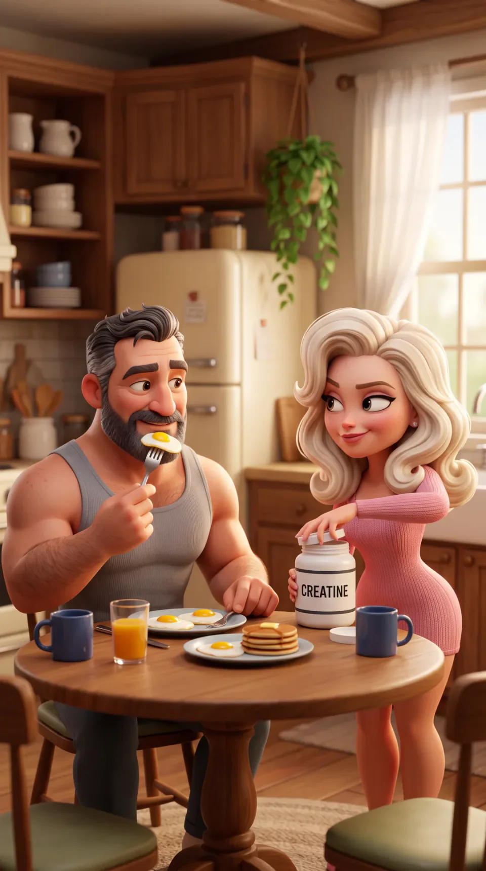 Made for this post: two Disney/Pixar style characters at a breakfast table, with large eyes, catch-lights, sculpted hair and heads slightly large for their bodies