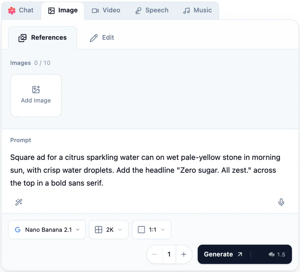 The Starpop Image composer with Nano Banana 2.1 selected, a square sparkling water ad prompt with a quoted headline, 2K resolution, a 1:1 aspect ratio, and a 1.5-credit Generate button