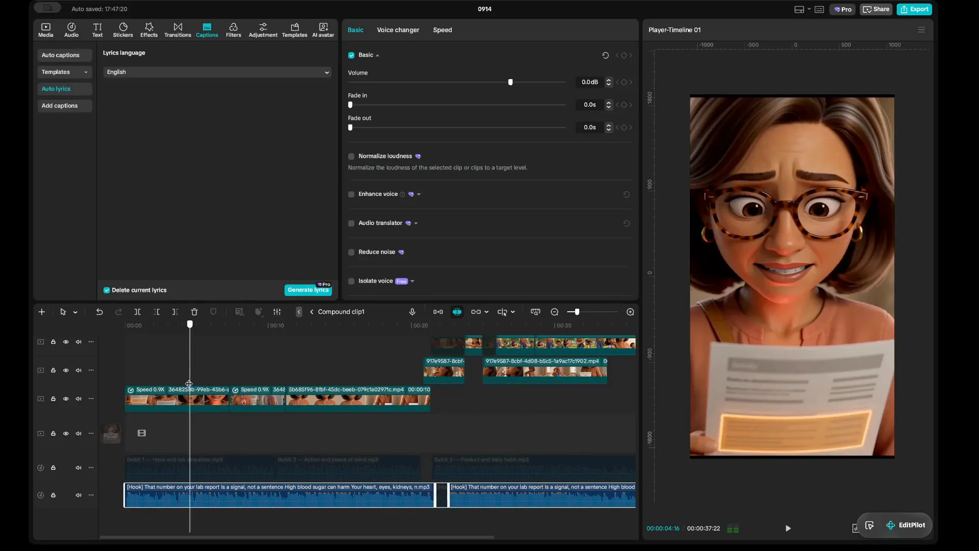 A CapCut timeline for a song ad: the full uncut song at the bottom, muted generated clips layered above it, auto lyrics open