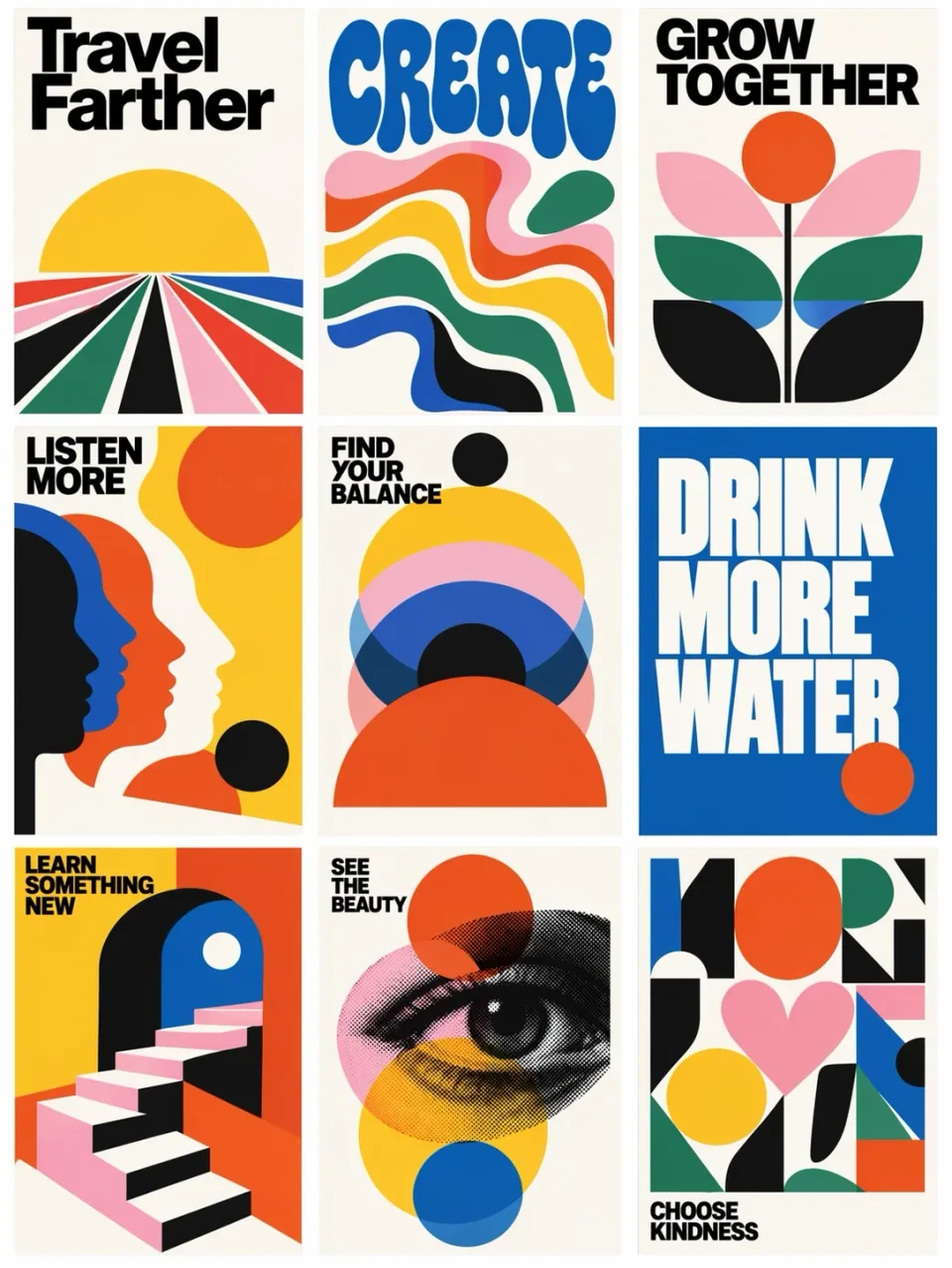 Nine colorful posters combine bold typography and geometric illustration. OpenAI’s GPT Image 2.5 announcement does not identify whether this example uses Flare or Sunburst.