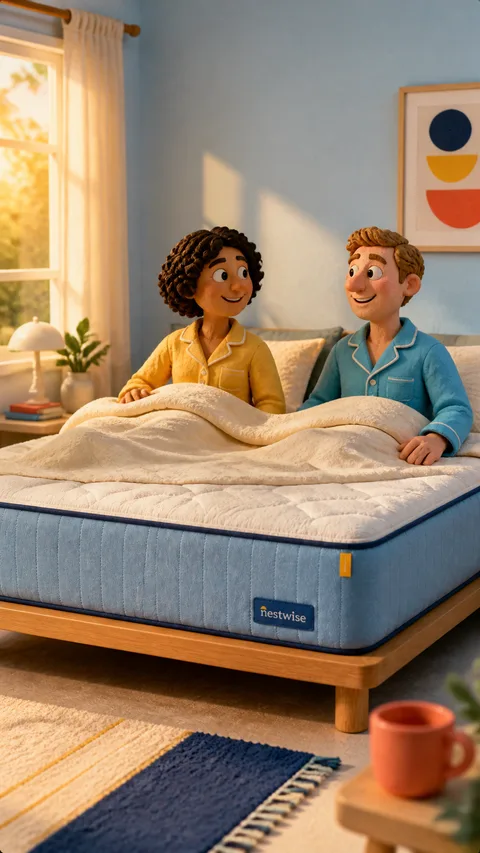 Relaxed clay couple waking comfortably on their custom mattress at sunrise