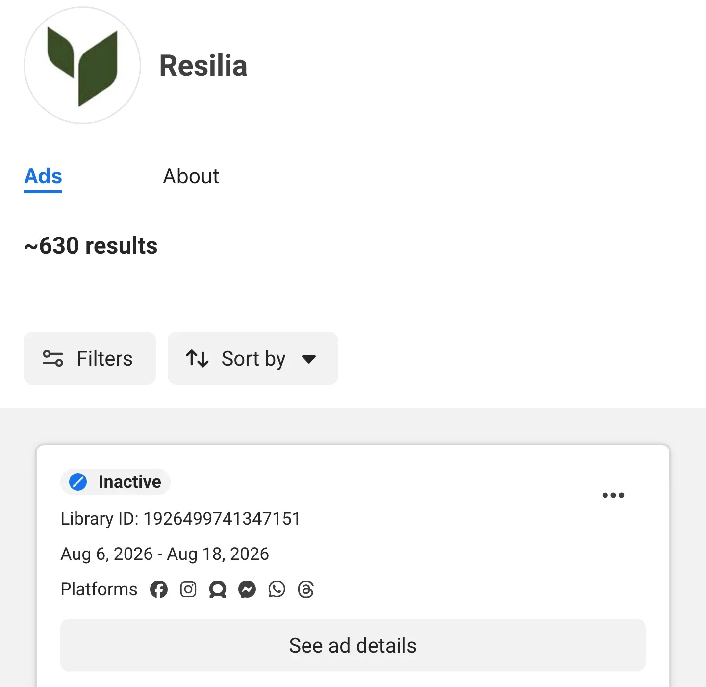 The Resilia page on October 9, 2026 with all ads showing: about 630 results, the first card marked inactive