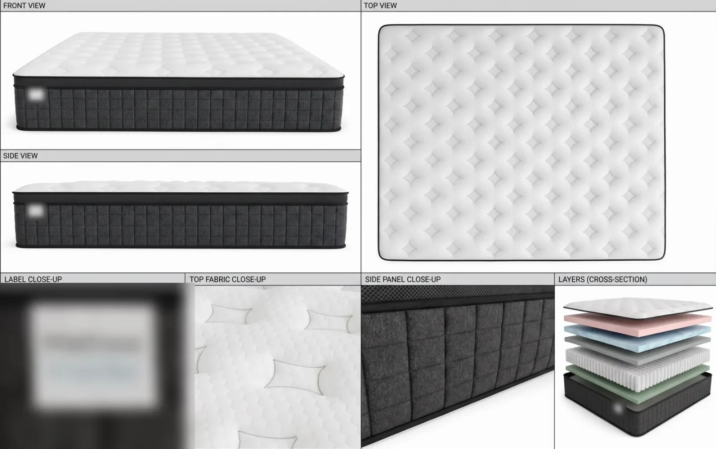 The product sheet: the mattress from the front, the side and the top, plus close ups of the fabric and the layers (the label is blurred)