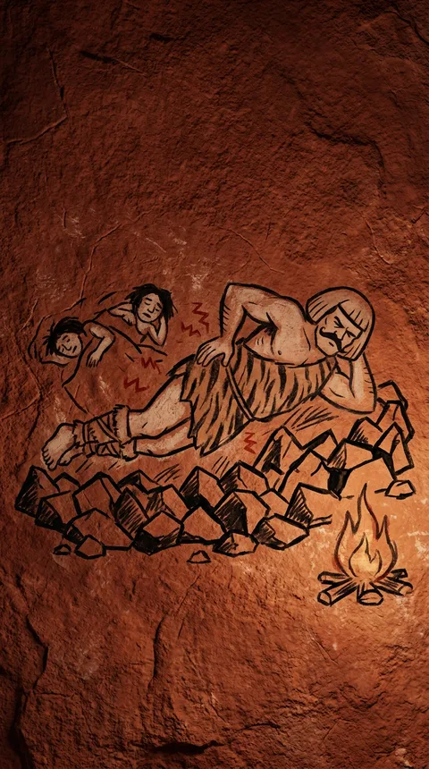 A red rock cave drawing of cavemen trying to sleep on rocks around a fire