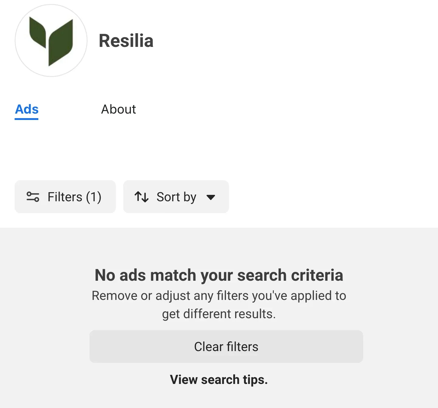The public Meta Ad Library page for Resilia on October 9, 2026, with the active ads filter set