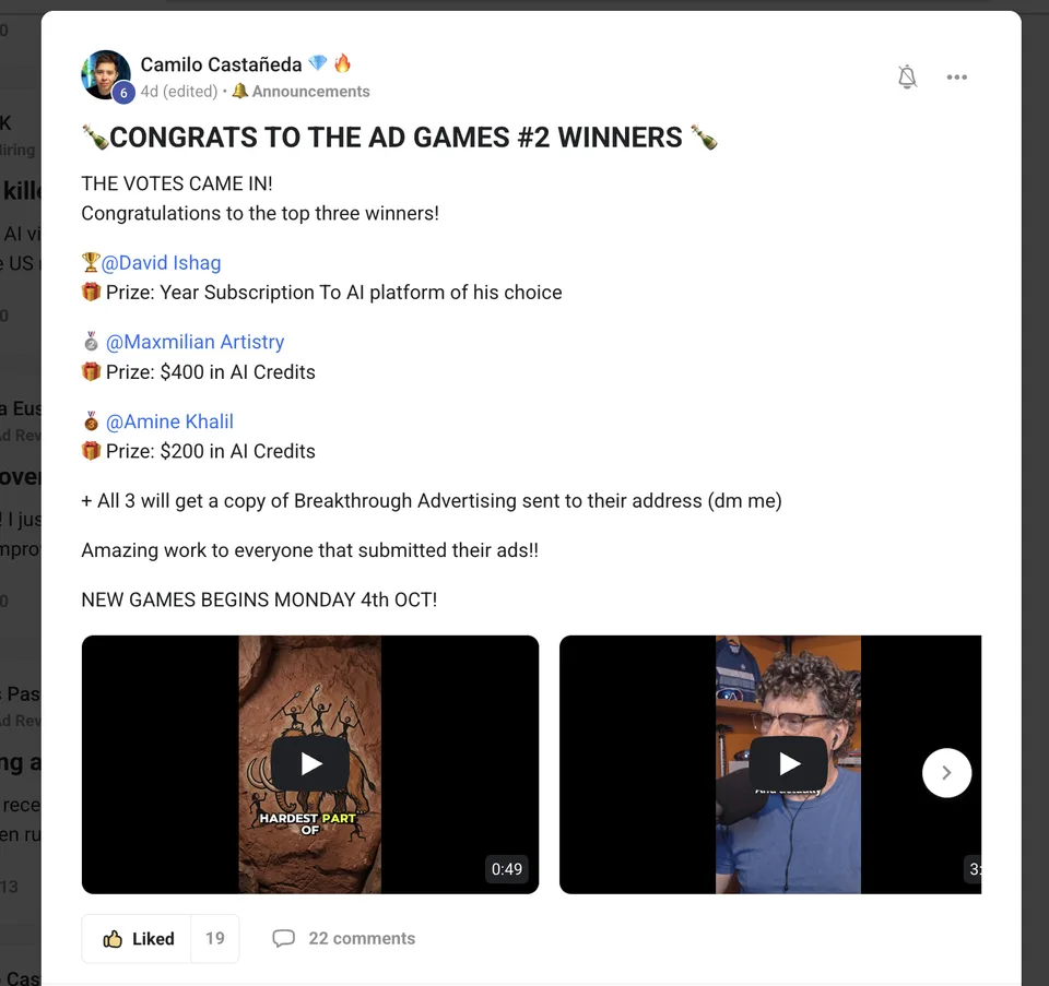 Camilo’s post announcing the Ad Games #2 winners: first place David Ishag, second Maxmilian Artistry, third Amine Khalil