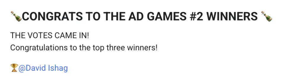 The winners post for Ad Games #2 inside Ad Creators Lab, cropped to my name next to the trophy