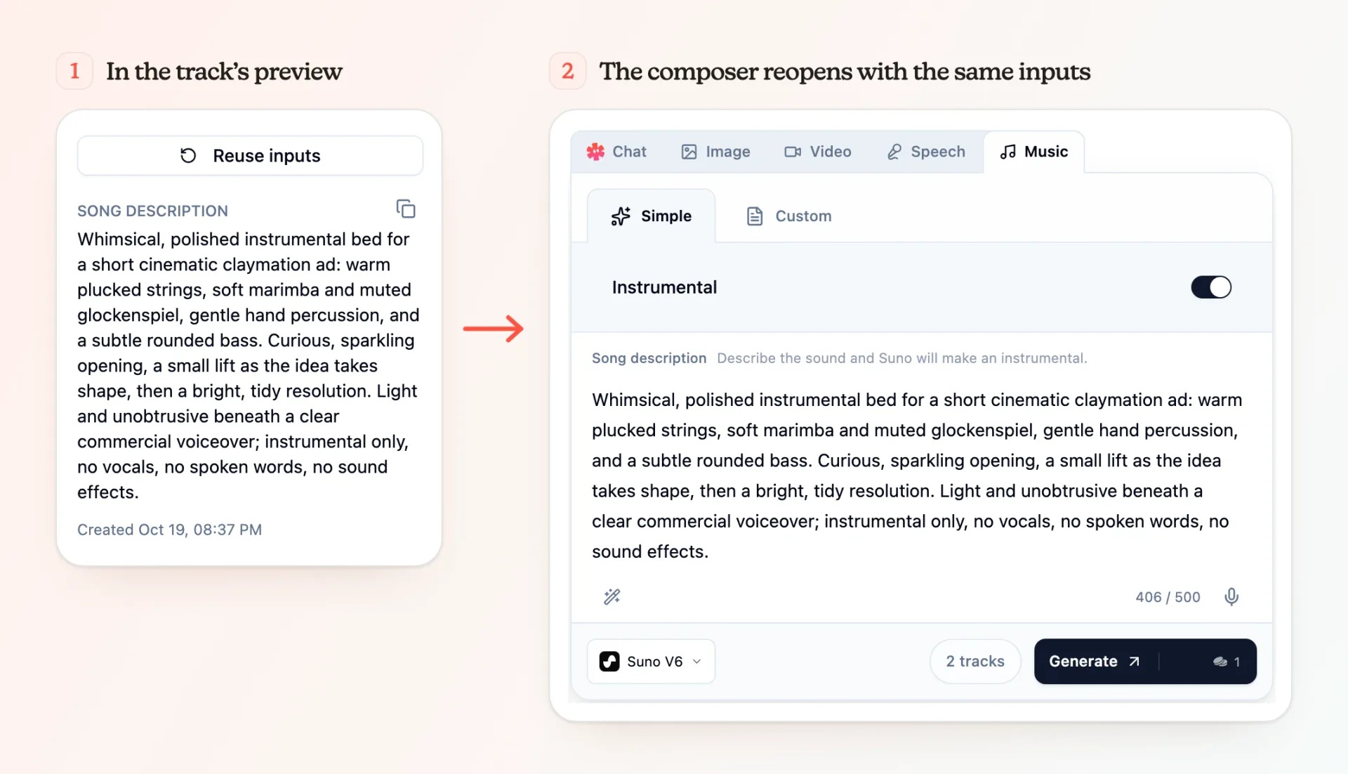 Two steps: the Reuse inputs button above a saved Suno V6 song description in a track's details, then the Music composer reopened with Suno V6, Simple mode, Instrumental on, and the same description