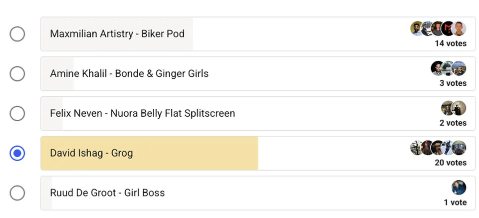 The Ad Games #2 vote: David Ishag, Grog, 20 votes; Maxmilian Artistry, Biker Pod, 14; Amine Khalil, 3 (the highlighted row is my own vote)